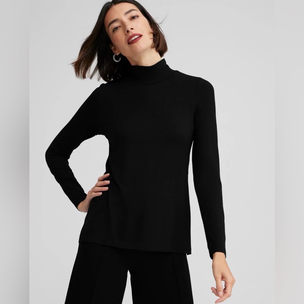 Chico's Black Long Sleeve Mock Neck Top Rayon Spandex Stretch Size 2 L